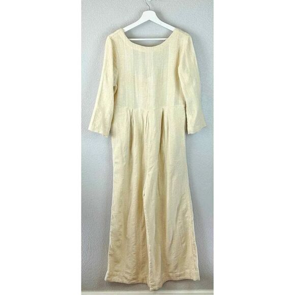 Free People Women’s Cream Jumpsuit – Long Sleeve Linen Fabric One-Piece Sz L